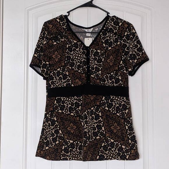 Christopher & Banks Blouse Brown Printed Workwear M V Neck Top Career Button - Picture 1 of 6